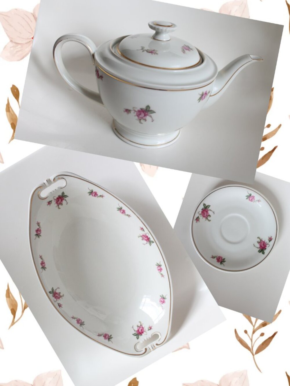 [HUTSCHENREUTHER] "Evelyn" White, Gold, and Country Rose Teapot with Dishes
